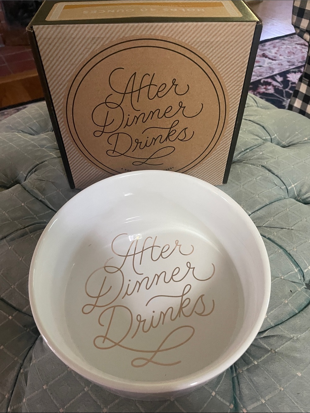 After Dinner Drinks White Ceramic Dog  Bowl with Gold Script